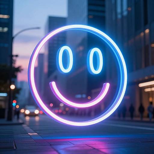 Photograph of a neon blue and purple glowing smiley face with 
