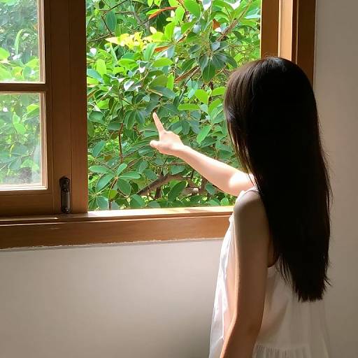 Young Girl Pointing at Sunlit Foliage