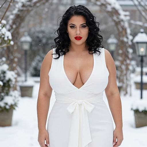 Photograph of a curvy, dark-haired woman with red lipstick, wearing a deep V-neck white dress, standing in a snowy garden archway.