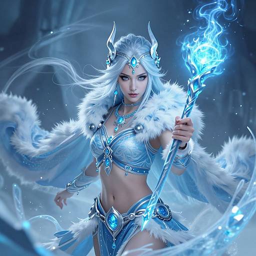 Digital artwork of a white-haired, blue-eyed ice queen with silver armor, fur trim, holding a glowing blue crystal staff, set against a frosty