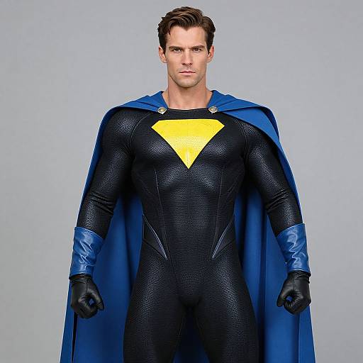 Photograph of a muscular, Caucasian man with short brown hair in a black superhero suit with a yellow 