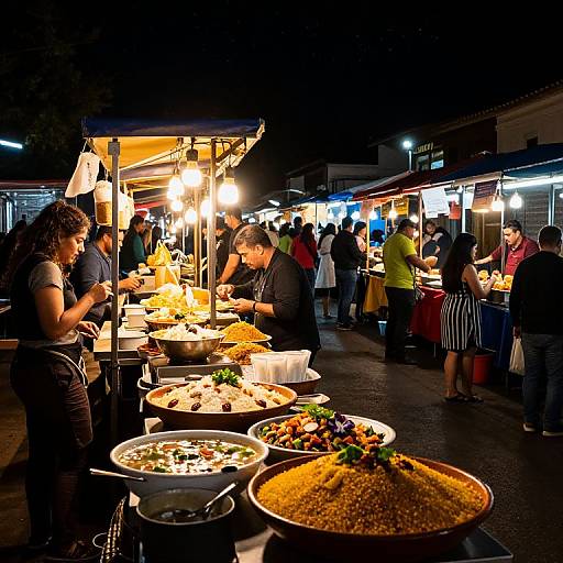 Vibrant night market photograph showing diverse crowd, brightly lit food stalls, and various dishes including salads, rice, and vegetables under yellow canopy.