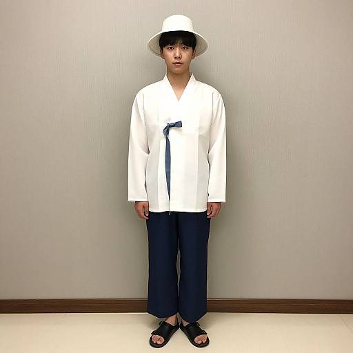 Photograph of an East Asian man standing against a plain, beige wall. He wears a white shirt with a blue tie, dark navy pants, black
