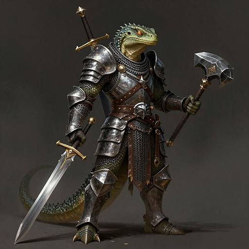 Digital fantasy artwork of a lizard warrior in shiny, ornate medieval armor, holding a large axe and a sword, standing confidently. Dark gray background.