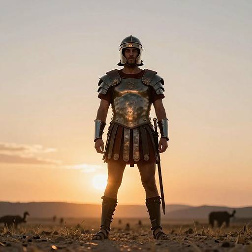 Photograph of a man in Roman-style armor standing at sunset in a desert, with camels in the background. Golden sunlight highlights his metallic chest plate