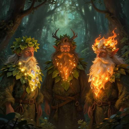 Digital fantasy artwork of three woodland elves with leaf crowns, glowing fire and foliage necklaces, standing in a dark, mystical forest.