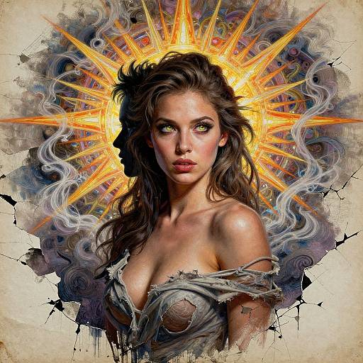 Digital painting of a beautiful, brown-haired woman with glowing halo, intense green eyes, torn gray dress, surrounded by radiant orange light and swirling smoke on