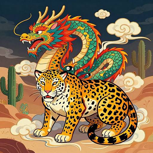 Vibrant digital artwork of a fierce, spotted jaguar with a colorful, dragon-like serpent on its back in a desert with cacti and