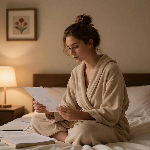 Woman Reading Letter in Cozy Bedroom