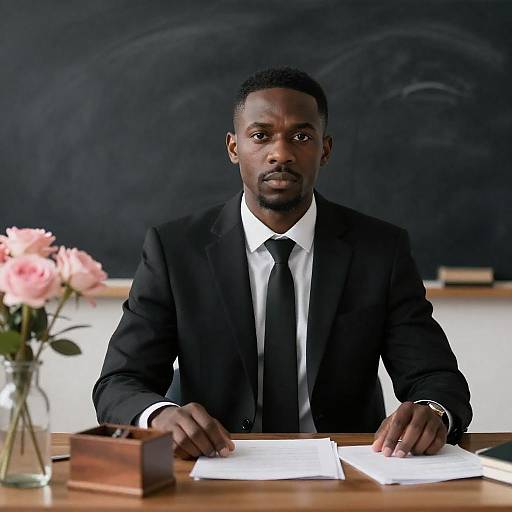 Serious Businessman at Desk with Flowers
