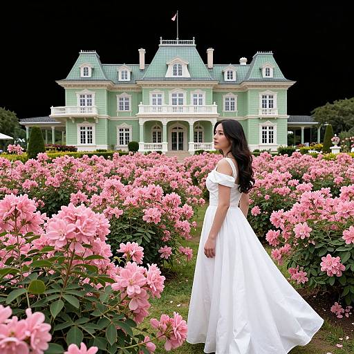 Photograph of a woman with long black hair in a white off-shoulder dress standing in a pink rose garden, facing a green and white mansion
