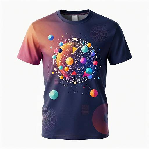 Photograph of a navy blue T-shirt featuring a vibrant, colorful geometric mandala with floating spheres, set against a gradient background.