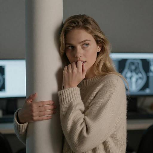 Contemplative Woman in Dimly Lit Room