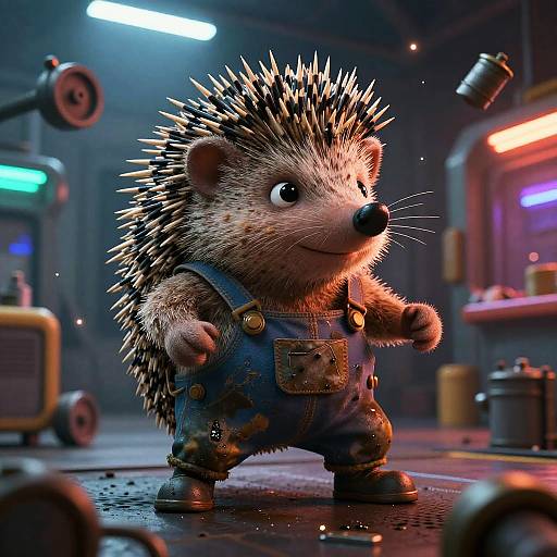 Retro-Futuristic Hedgehog Mechanic Scene