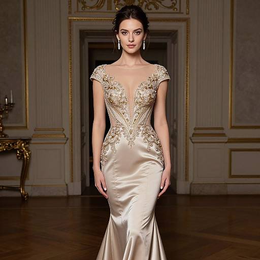 Photograph of a slender woman with dark hair, wearing an elegant, gold-embroidered, V-neck, satin evening gown, walking down a