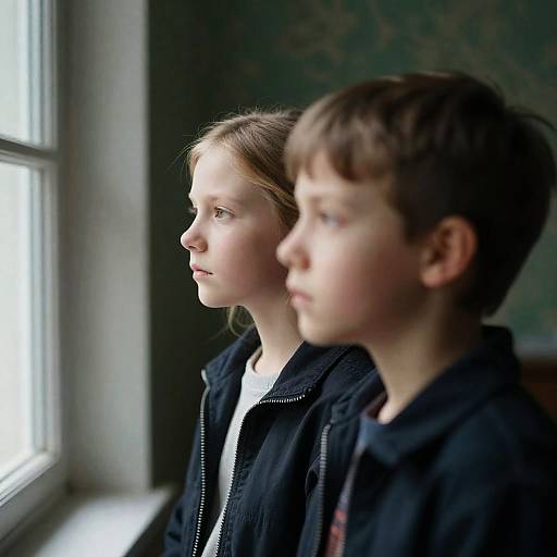 Two Children Looking Out Window