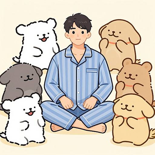 Digital drawing of an Asian man in blue striped pajamas, sitting cross-legged surrounded by five cute, smiling teddy bears.