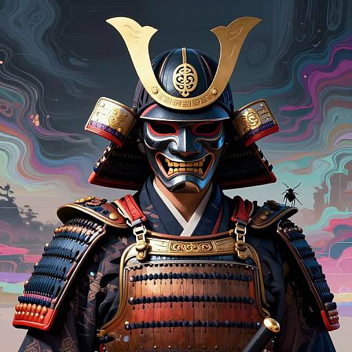 Digital art of a samurai in ornate armor with a golden helmet, black mask, and vibrant, swirling sky background.