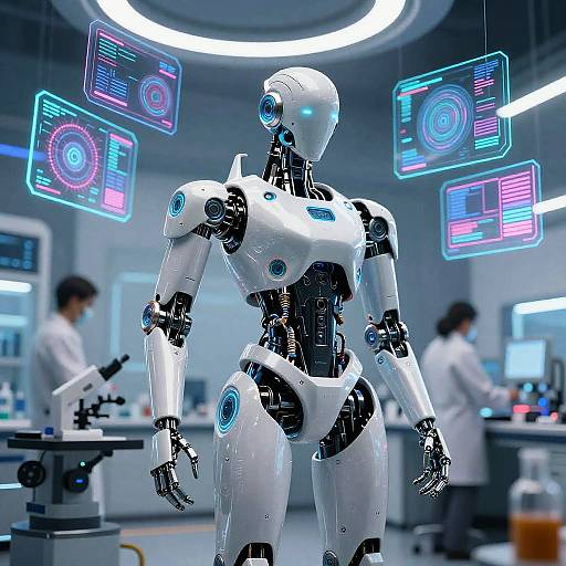 Photograph of a futuristic lab with a white, humanoid robot with blue glowing eyes, surrounded by neon screens and two blurred scientists.