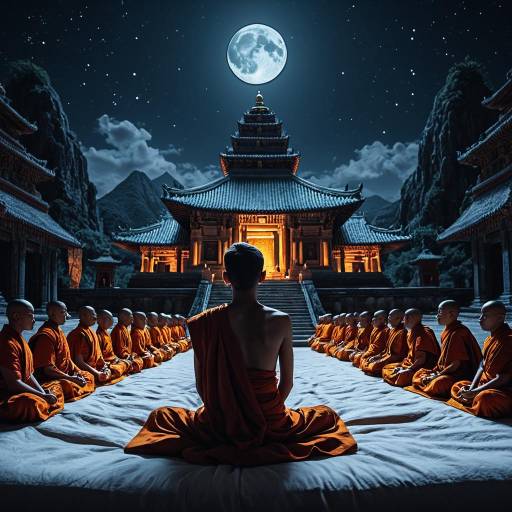 Monks Meditating at Ancient Temple Under Full Moon