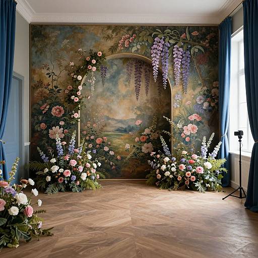 Photograph of an elegant room with floral-patterned wallpaper, blue curtains, wooden floor, and vibrant flower arrangements, centered around an arched floral backdrop