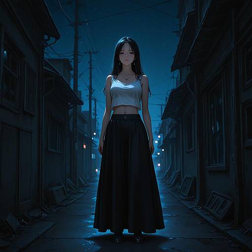 Girl Standing in Dark Alley at Night