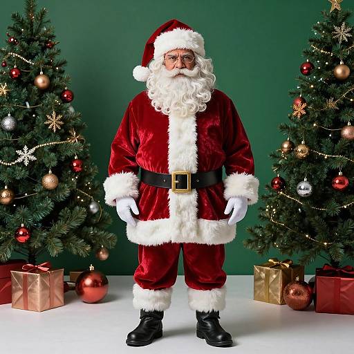 Photograph of Santa Claus in a red velvet suit with white fur trim, black belt, and black boots, standing between two decorated Christmas trees with wrapped