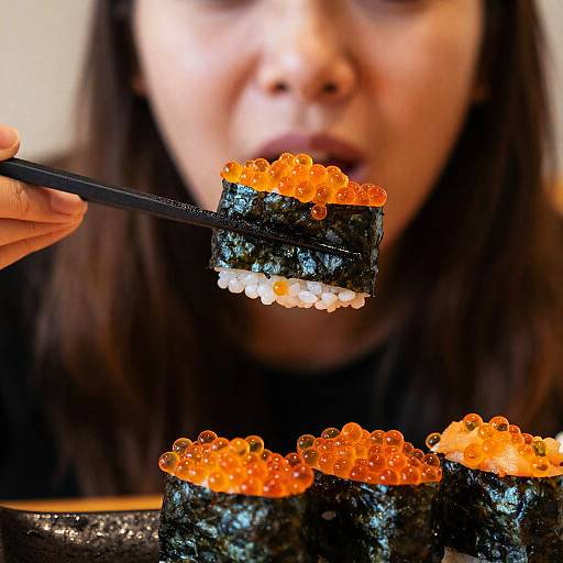 Close-Up Nigiri Sushi with Chopsticks