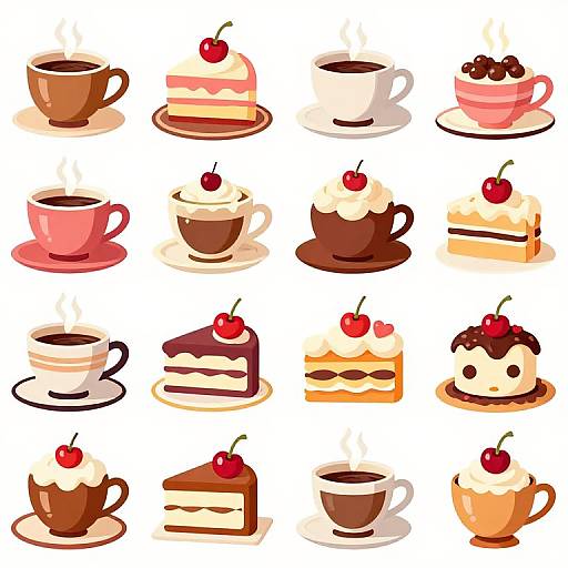 Digital illustration of 16 colorful, cartoon-style desserts including cakes, pastries, and cups of coffee, each with a cherry on top.