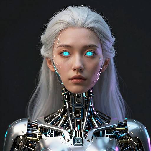 CGI portrait of a futuristic, white-haired woman with glowing blue eyes, cybernetic enhancements, and a metallic chest, set against a dark background