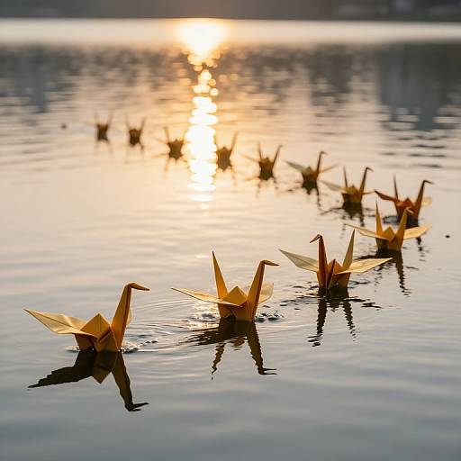 Photograph of yellow paper boats floating on calm water at sunset, with a bright sun reflecting on the surface.