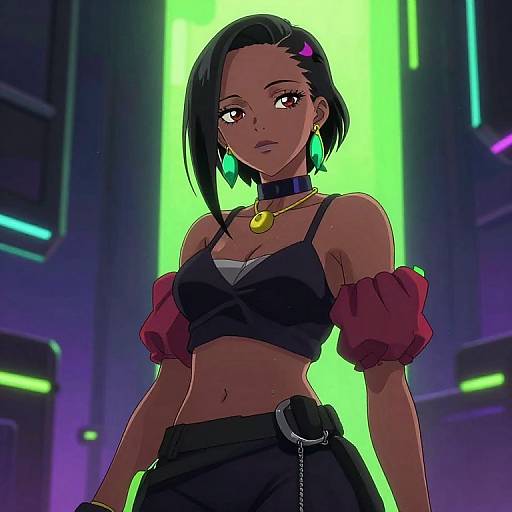 Digital anime-style drawing of a dark-skinned woman with short black hair, wearing a black crop top, red puffed sleeves, and black pants,