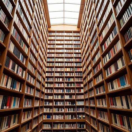 Photograph of a grand, tall, wooden bookshelf-filled library with a bright skylight above, showcasing rows of colorful books.