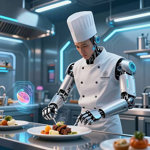 Photorealistic CGI of a futuristic robotic chef in a white double-breasted uniform and tall hat, slicing meat on a plate in a sleek, illuminated