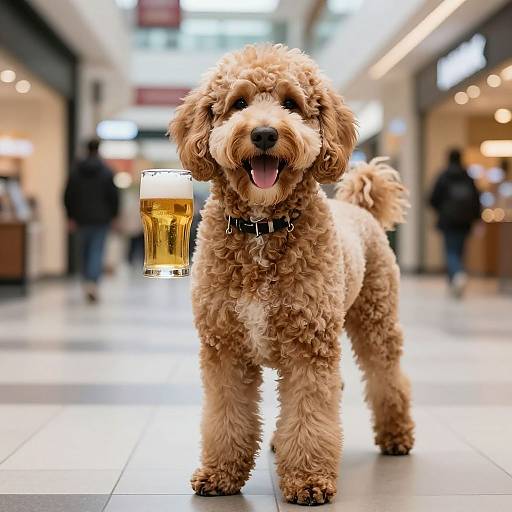 Photograph of a fluffy, light-brown poodle standing in a shopping mall, holding a frothy beer mug in its mouth, with blurred shoppers