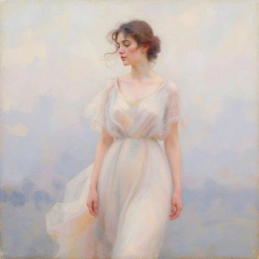 Softly lit digital painting of a fair-skinned woman with curly brown hair in a flowing white dress, looking to the side, against a dreamy