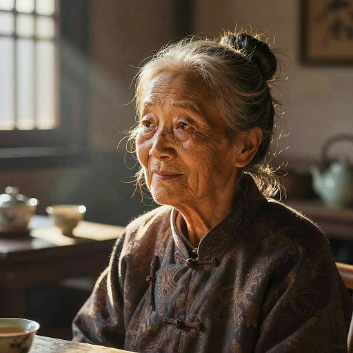 Elderly Asian Woman in Tea House