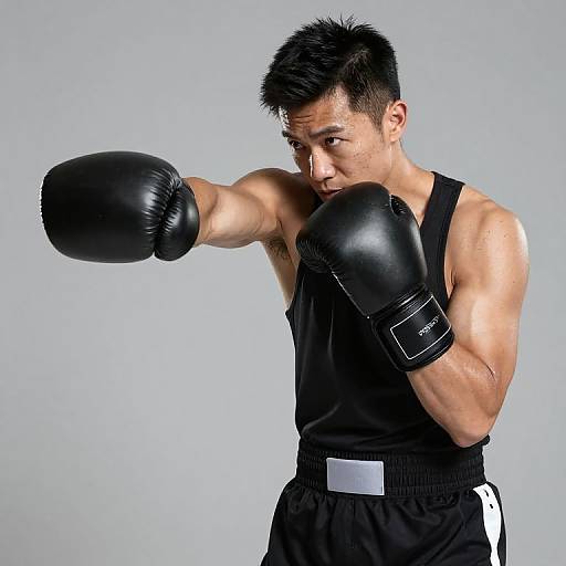 Photograph of a muscular Asian male boxer with short black hair, wearing a black tank top and black boxing gloves, striking a defensive pose against a plain
