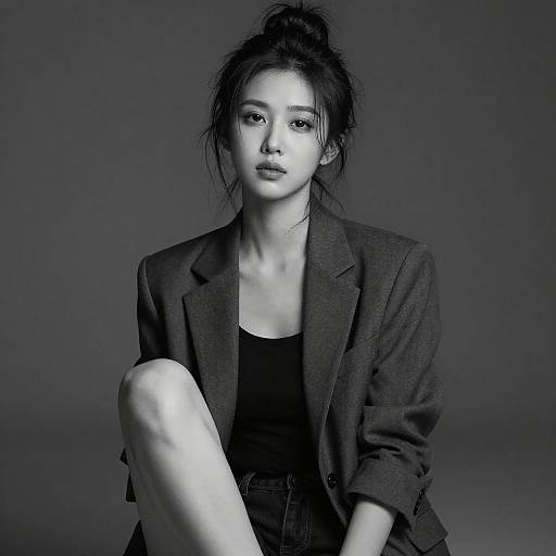 Black-and-white photograph of an Asian woman with a messy bun, wearing a dark blazer and black top, sitting with one knee raised against a plain