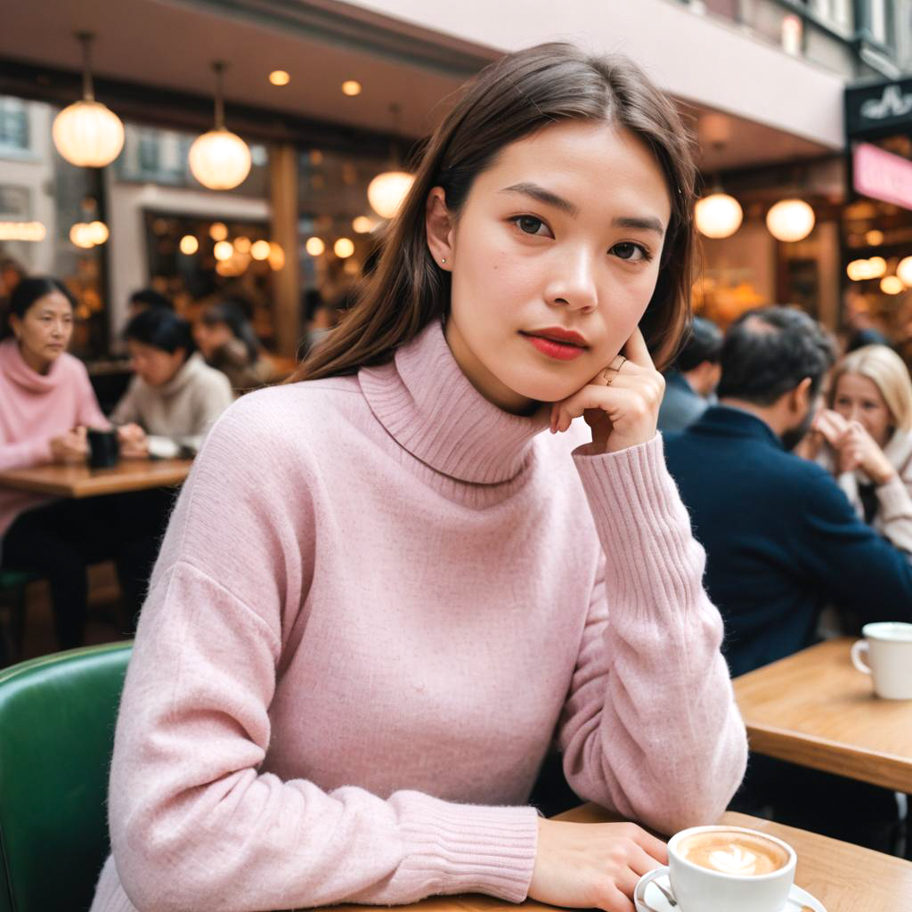 Chic Young Woman in Cozy Café Scene