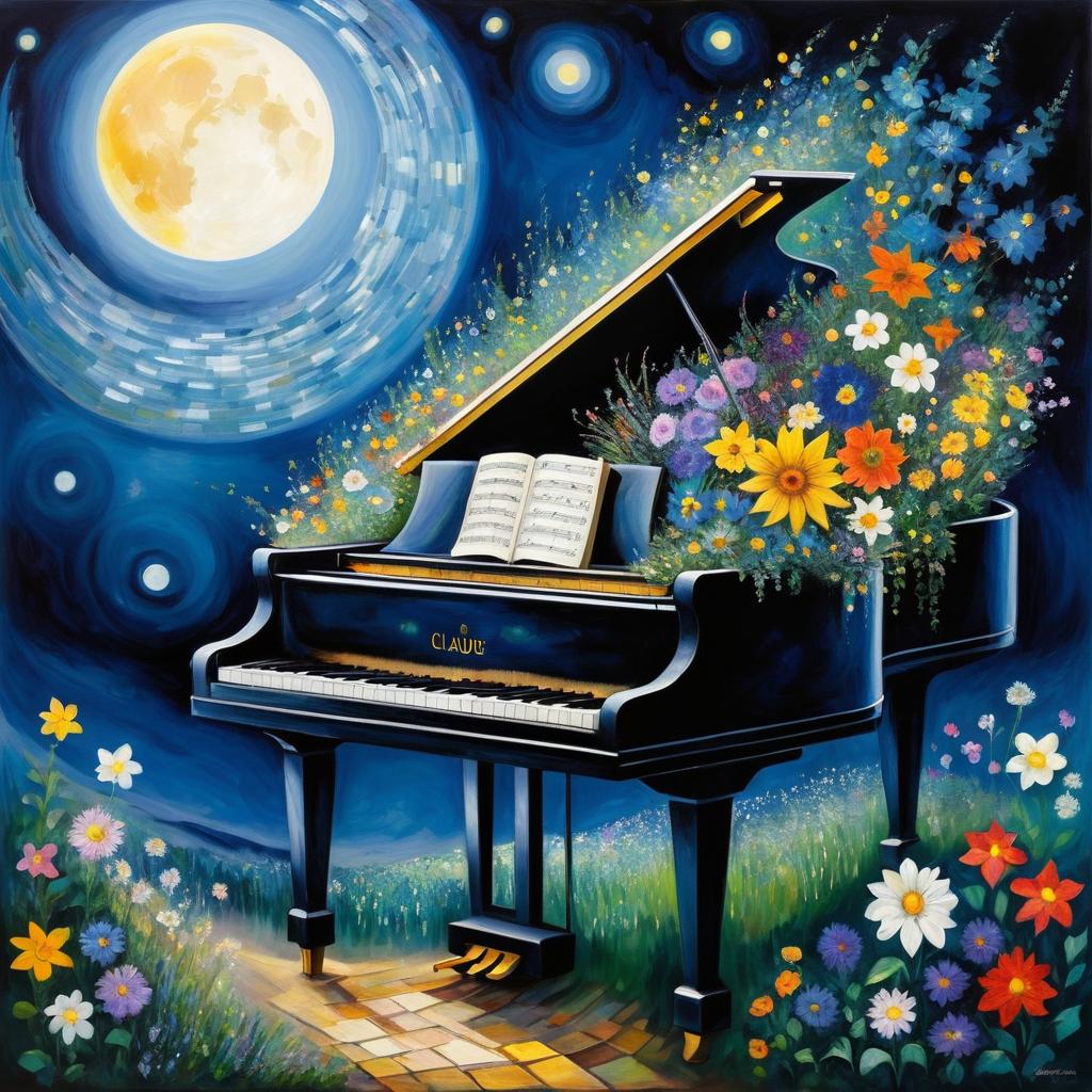 Surreal Moonlit Piano with Flourishing Flowers