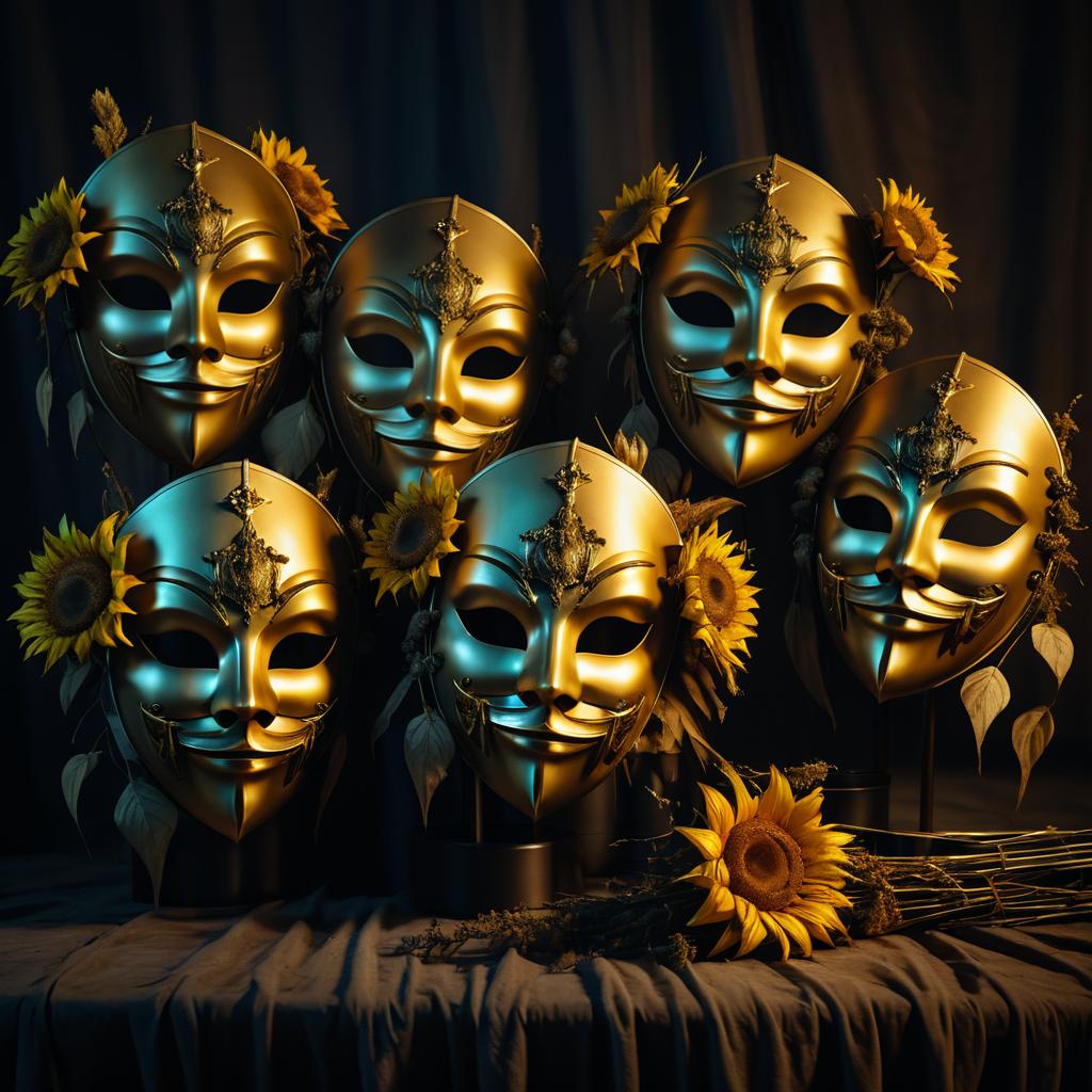 Grotesque Masks and Wilted Bouquet Scene