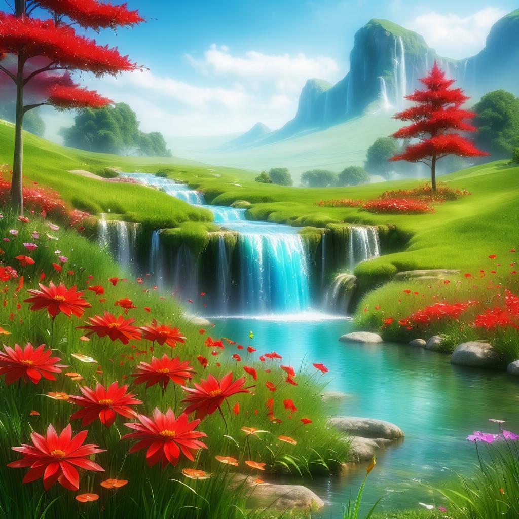 Magical Fantasy Meadow with Waterfall