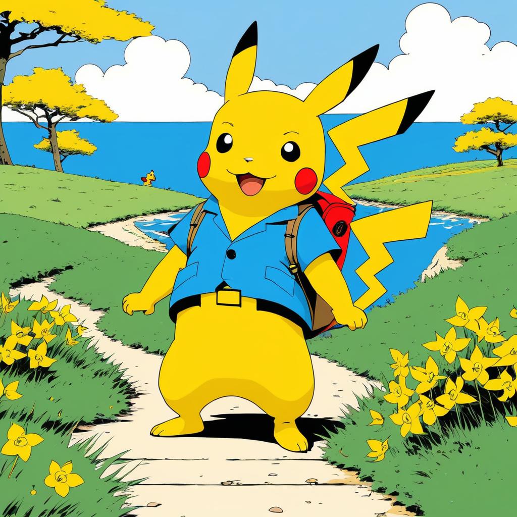 Whimsical Pikachu in Hergé Style Art