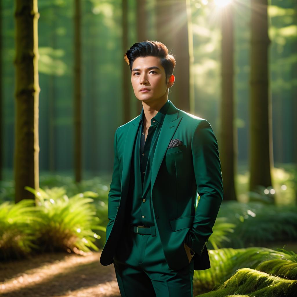 Stylish Asian Actor in Serene Forest