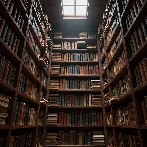 Photograph of a dimly lit, tall library with dark wooden shelves filled with colorful, uniformly arranged books, viewed from below a bright skylight