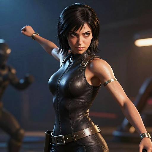 CGI image of a fierce, black-haired woman in a tight, black leather outfit with arm bands, striking a fighting pose in a dimly lit