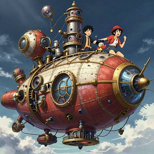 Digital anime-style illustration of two children on a steampunk airship with red and gold tones, floating in a bright blue sky with white clouds.