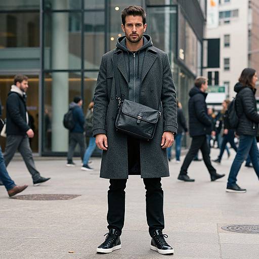 Photograph of a bearded man in a dark gray overcoat, black hoodie, and sneakers, standing in a busy urban street with glass buildings and