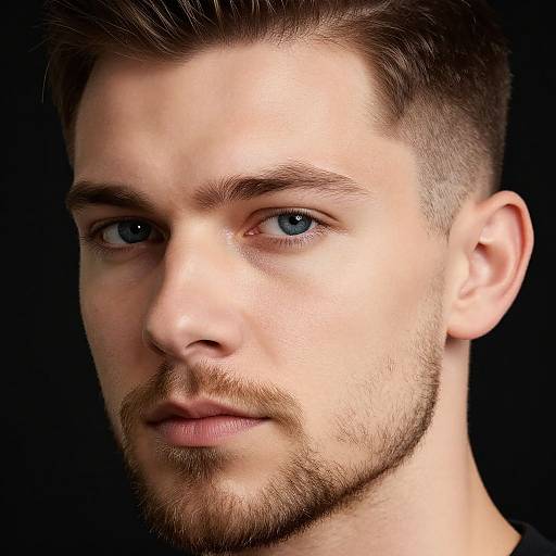 Photorealistic close-up of a handsome young man with blue eyes, light brown hair, trimmed beard, fair skin, and neutral expression against a black